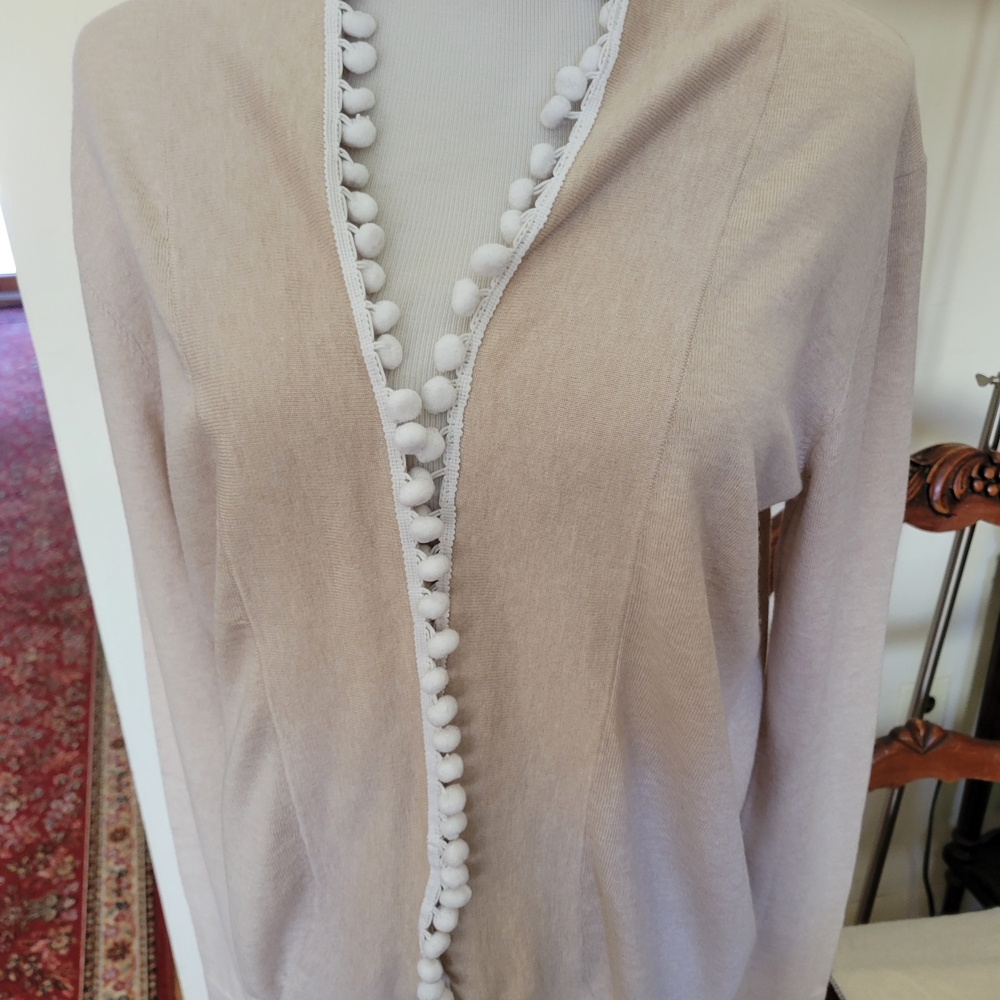 Women's Beige Cardigan with Pom-Pom Trim